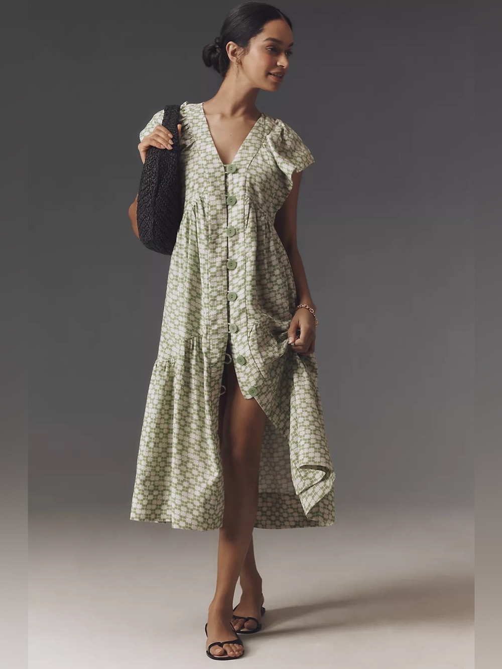 Anthropologie Flutter-Sleeve Linen-Blend Button-Front Midi Dress Green Motif LG